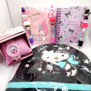 Sanrio My Melody and Kuromi Stationery Set with watch and beanie hat BUNDLE